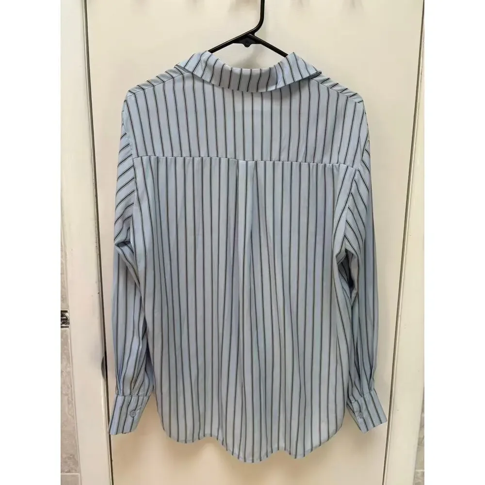 Women's Light Blue Striped Button Down Shirt Long Sleeve Hi-Low Hem Size XL